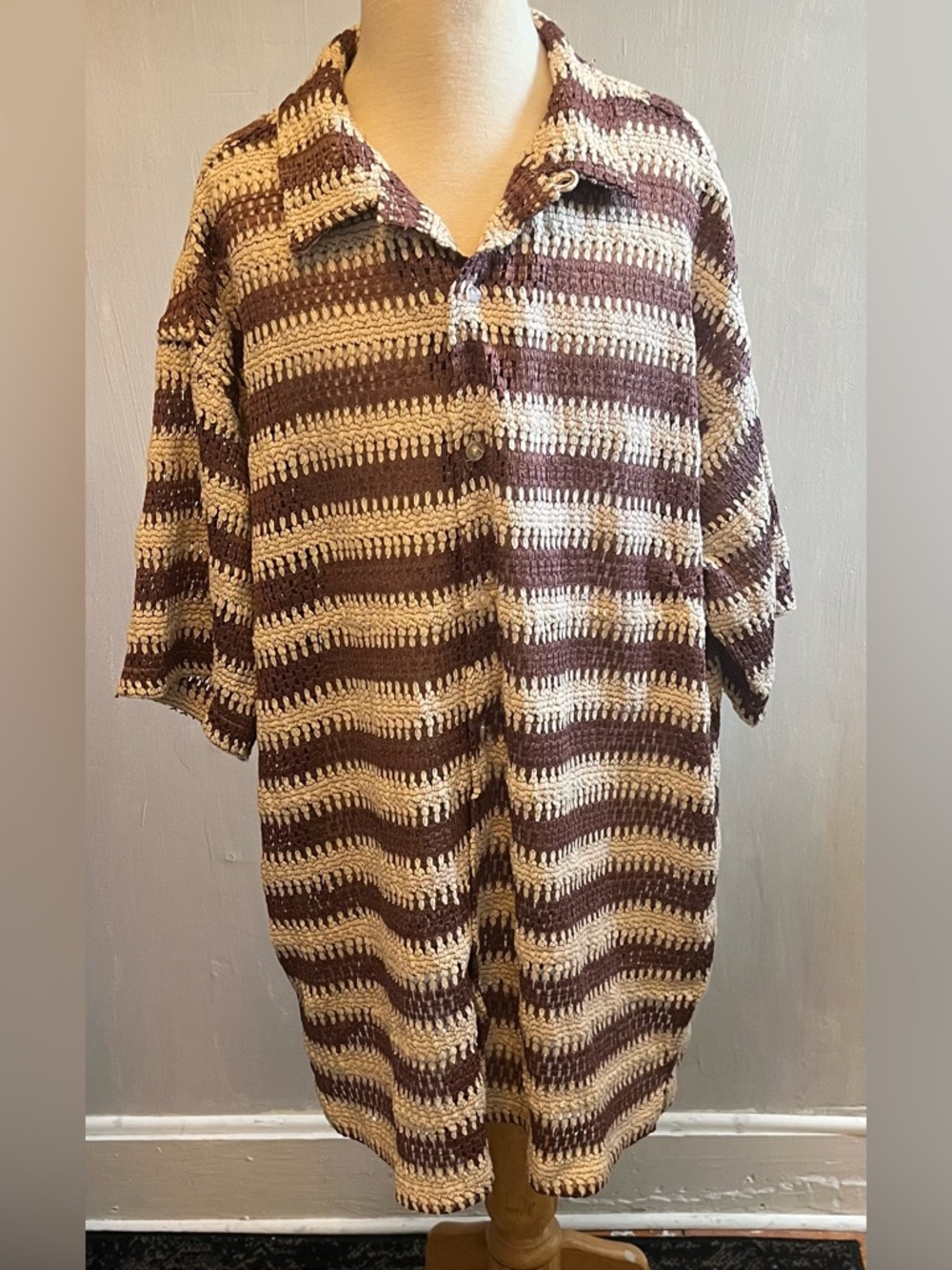 Massive Luxury Men’s Woven Crochet Cotton Blend Knit Button Up Collared Shirt L